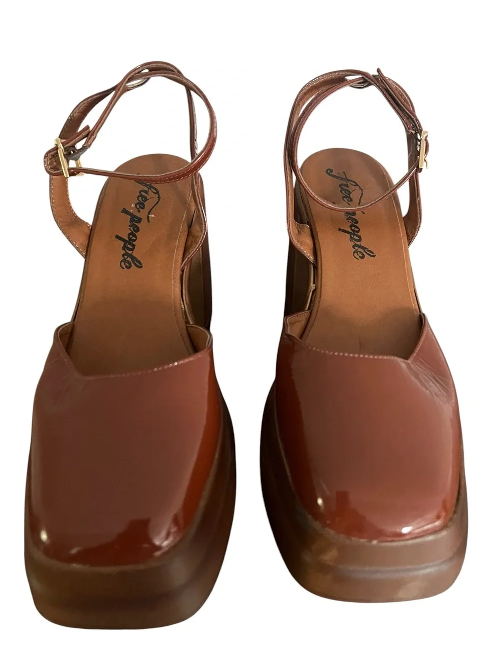 Free People Double Stack Platform Mary Jane Heels Brown Patent Leather 7.5 Boho